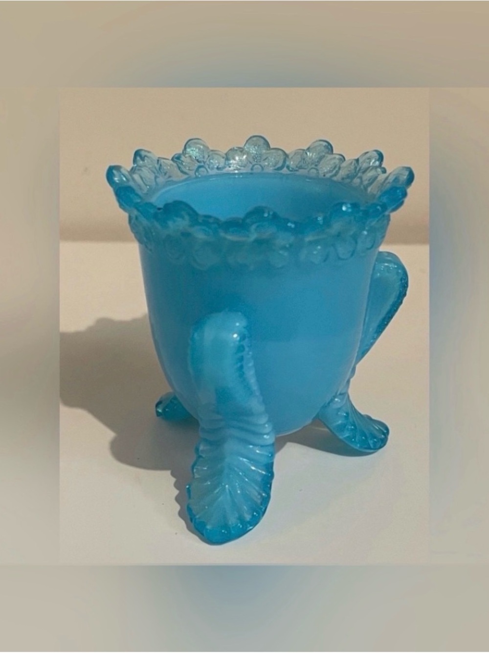 Antique Vintage TOOTHPICK HOLDER BLUE OPALESCENT GLASS FLORAL HOLDER home decor
